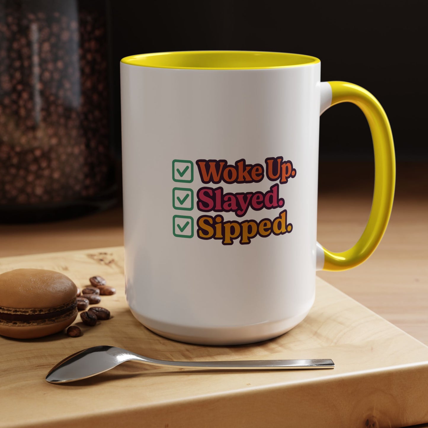 Colorful Motivational Coffee Mug, Woke Up Slayed Sipped, Inspirational Gift, Morning Motivation Cup, Funny Coffee Lover Mug