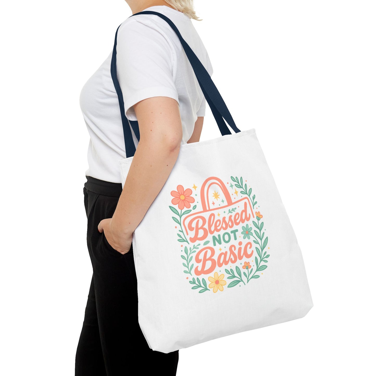 Blessed Not Basic Tote Bag, Inspirational Tote, Floral Design Bag, Gift for Her, Everyday Use, Eco-Friendly Shopping Bag