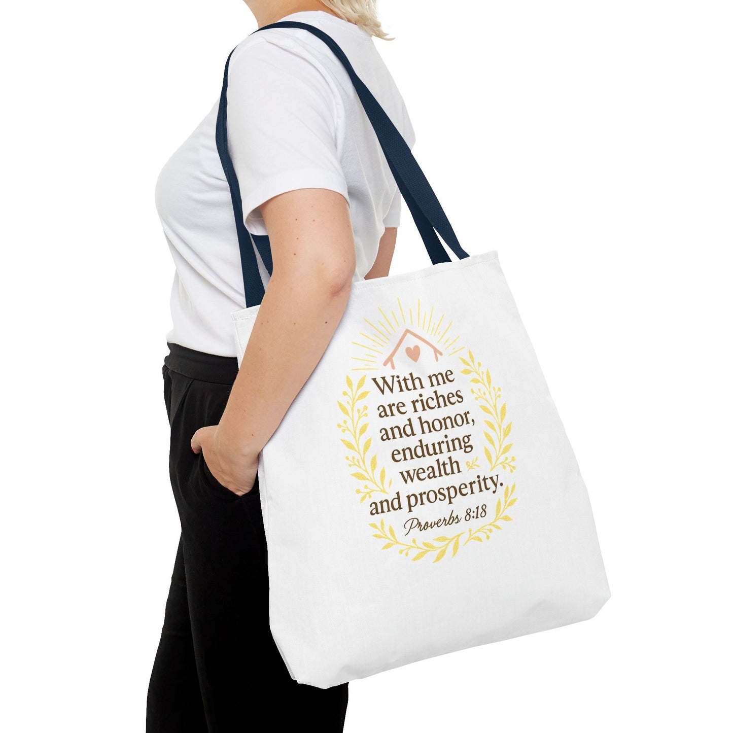 Inspirational Tote Bag - Proverbs 8:18 Quote, Bible Verse Carrier, Eco-Friendly Shopping Bag, Faith-Based Gift, Motivational Decor