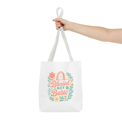 Blessed Not Basic Tote Bag, Inspirational Tote, Floral Design Bag, Gift for Her, Everyday Use, Eco-Friendly Shopping Bag