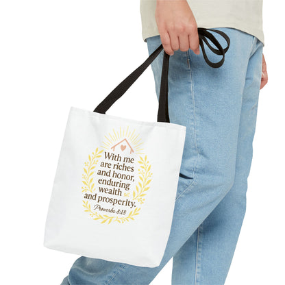 Inspirational Tote Bag - Proverbs 8:18 Quote, Bible Verse Carrier, Eco-Friendly Shopping Bag, Faith-Based Gift, Motivational Decor