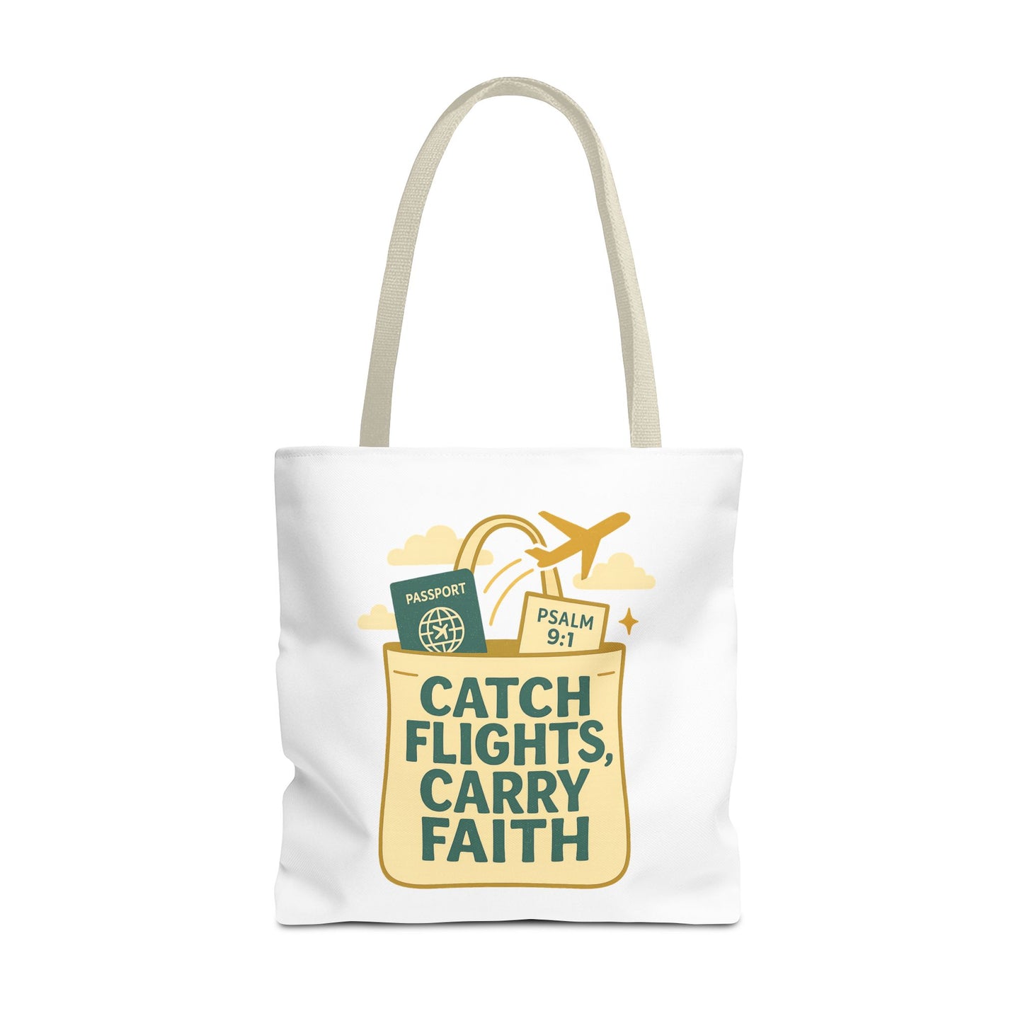 Catch Flights Carry Faith Tote Bag - Travel, Christian Gift, Airport Essentials, Carryall, Eco-Friendly Shopper