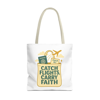Catch Flights Carry Faith Tote Bag - Travel, Christian Gift, Airport Essentials, Carryall, Eco-Friendly Shopper