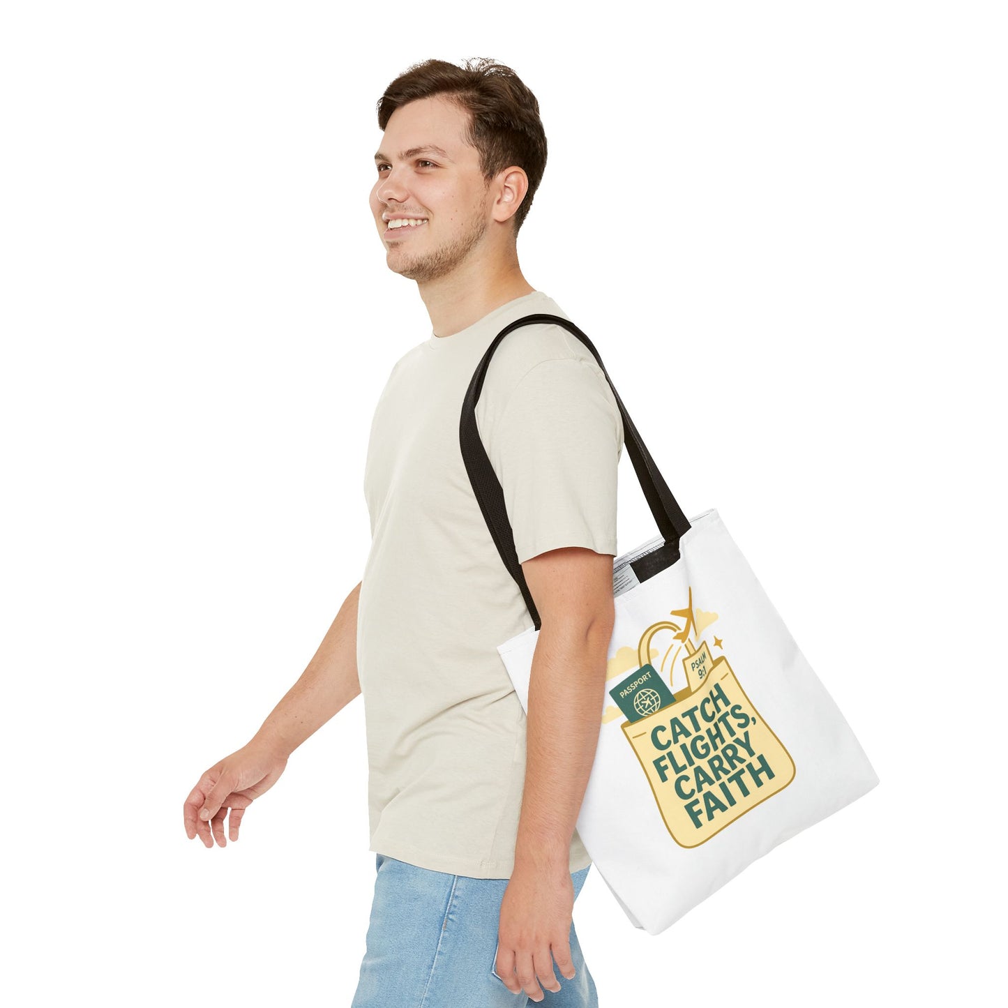 Catch Flights Carry Faith Tote Bag - Travel, Christian Gift, Airport Essentials, Carryall, Eco-Friendly Shopper