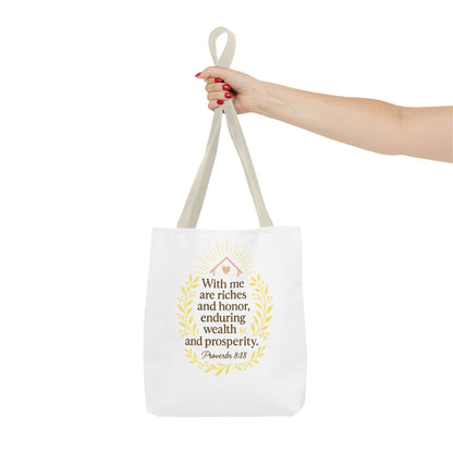 Inspirational Tote Bag - Proverbs 8:18 Quote, Bible Verse Carrier, Eco-Friendly Shopping Bag, Faith-Based Gift, Motivational Decor