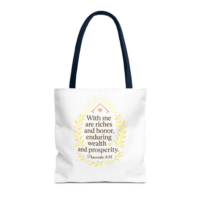 Inspirational Tote Bag - Proverbs 8:18 Quote, Bible Verse Carrier, Eco-Friendly Shopping Bag, Faith-Based Gift, Motivational Decor