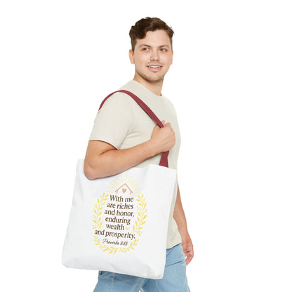 Inspirational Tote Bag - Proverbs 8:18 Quote, Bible Verse Carrier, Eco-Friendly Shopping Bag, Faith-Based Gift, Motivational Decor