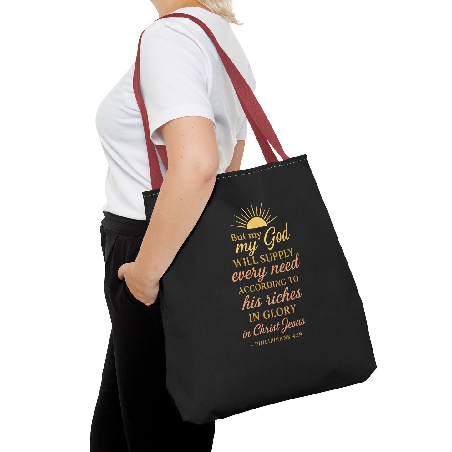 Faith-Inspired Tote Bag: 'God Will Supply Every Need', Christian Gift, AOP Bag for Church, Casual Outings, Inspirational Accessory