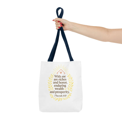 Inspirational Tote Bag - Proverbs 8:18 Quote, Bible Verse Carrier, Eco-Friendly Shopping Bag, Faith-Based Gift, Motivational Decor