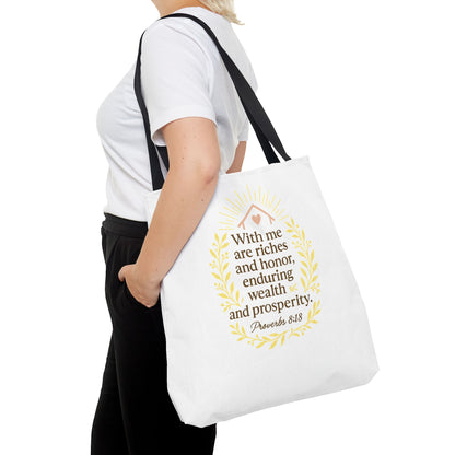 Inspirational Tote Bag - Proverbs 8:18 Quote, Bible Verse Carrier, Eco-Friendly Shopping Bag, Faith-Based Gift, Motivational Decor