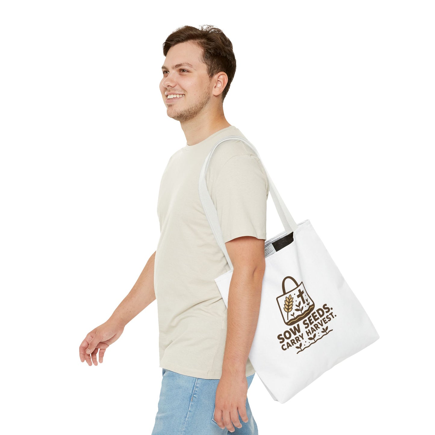 Inspirational Tote Bag - "Sow Seeds. Carry Harvest." - Eco-Friendly, Beach Bag, Gift for Gardeners, Reusable Shopping, Faith Journey