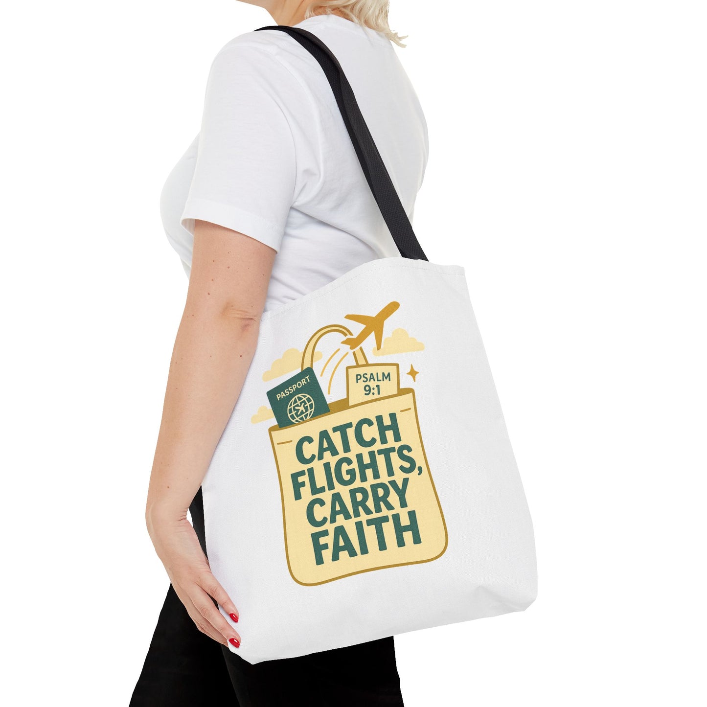 Catch Flights Carry Faith Tote Bag - Travel, Christian Gift, Airport Essentials, Carryall, Eco-Friendly Shopper