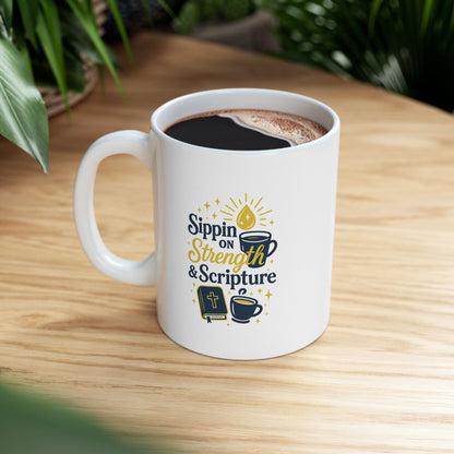 Sippin on Strength &amp; Scripture Coffee Mug - Coffee Lovers Gift, Beverages, Morning Routine, Tea, Birthday, Home Decor