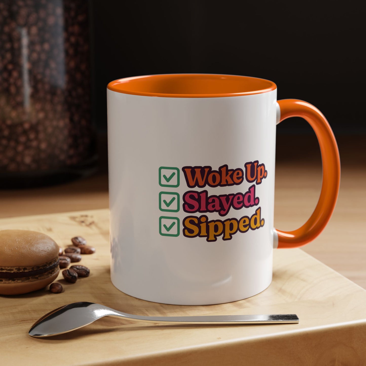 Colorful Motivational Coffee Mug, Woke Up Slayed Sipped, Inspirational Gift, Morning Motivation Cup, Funny Coffee Lover Mug