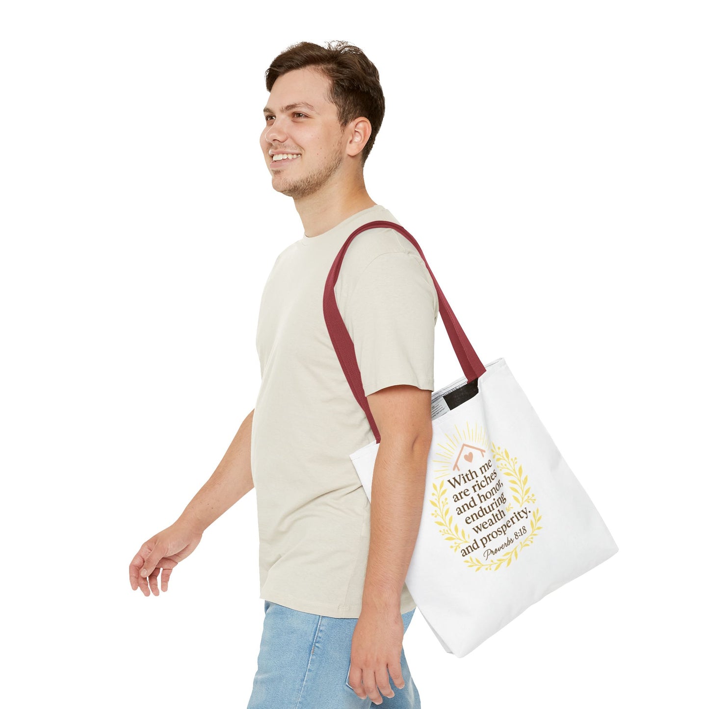Inspirational Tote Bag - Proverbs 8:18 Quote, Bible Verse Carrier, Eco-Friendly Shopping Bag, Faith-Based Gift, Motivational Decor