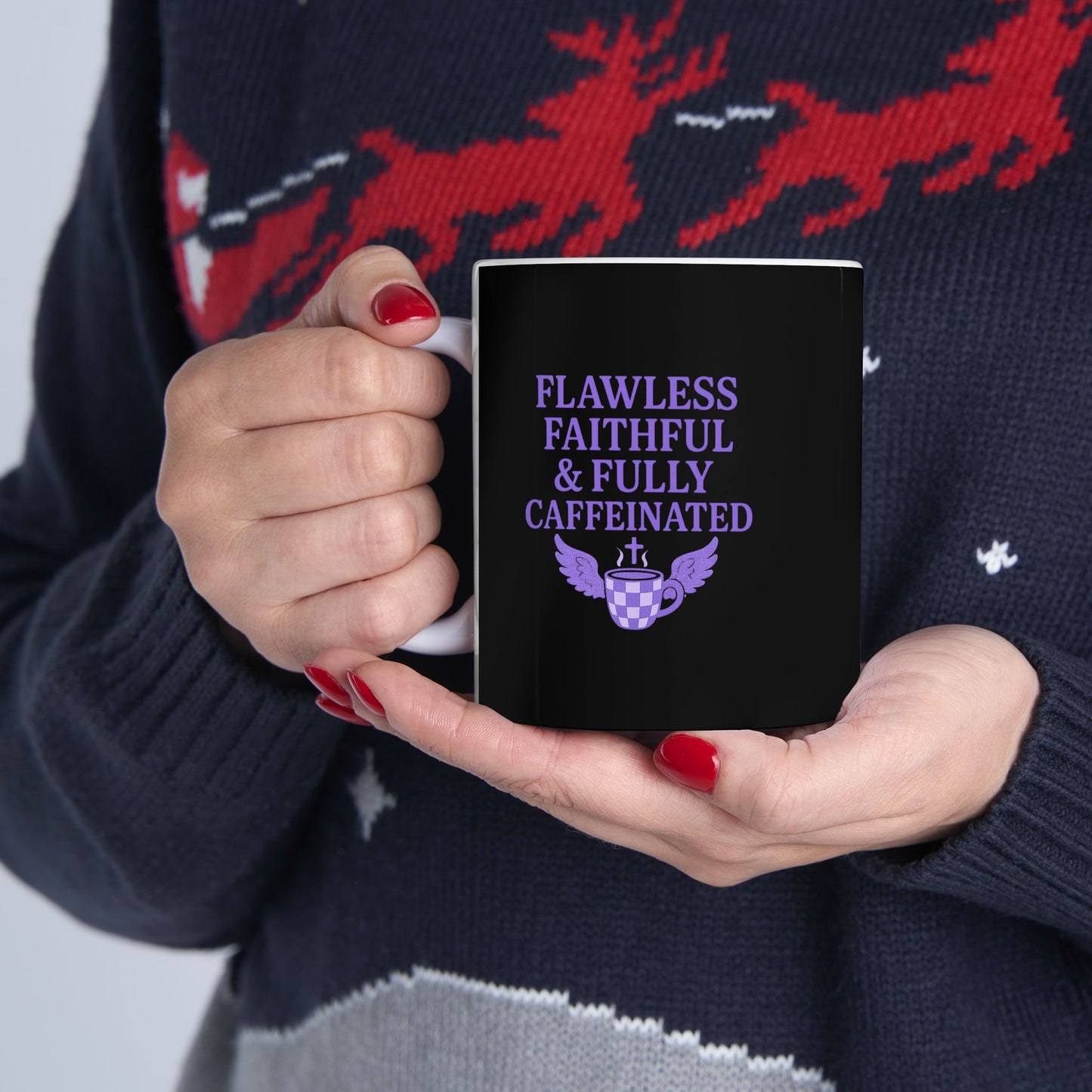 Flawless Faithful &amp; Fully Caffeinated Mystical Black Ceramic Mug, Perfect for Coffee Lovers, Halloween, Witchcraft Gifts, Gift for Her, Customizable Drinkware