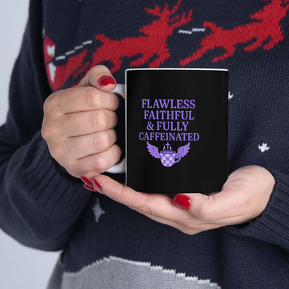Flawless Faithful &amp; Fully Caffeinated Mystical Black Ceramic Mug, Perfect for Coffee Lovers, Halloween, Witchcraft Gifts, Gift for Her, Customizable Drinkware