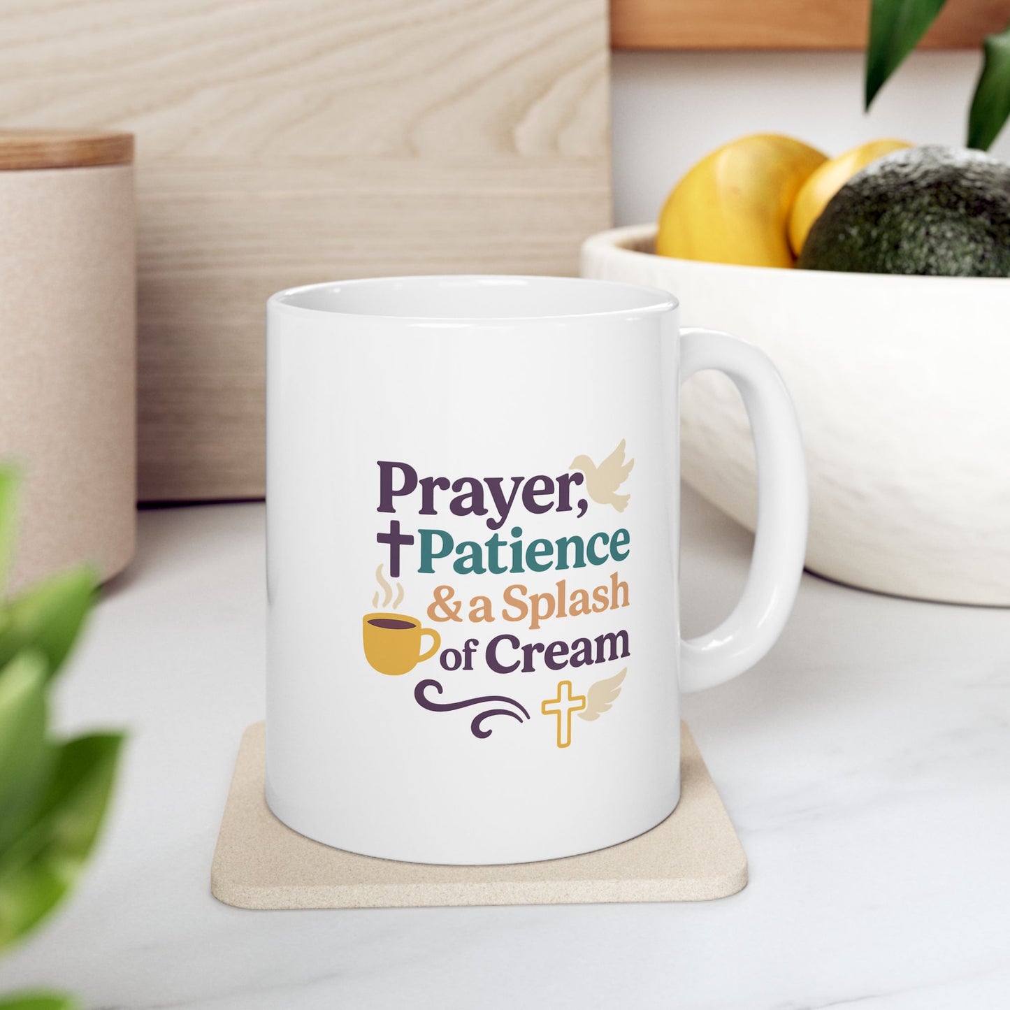 Prayer Patience &amp; Splash of Cream - Ceramic Mug - "Perfect Peace" Inspirational Coffee Mug for Relaxation, Gift for Self-Care, Cozy Home Decor, Sips of Joy, Mindfulness Mug