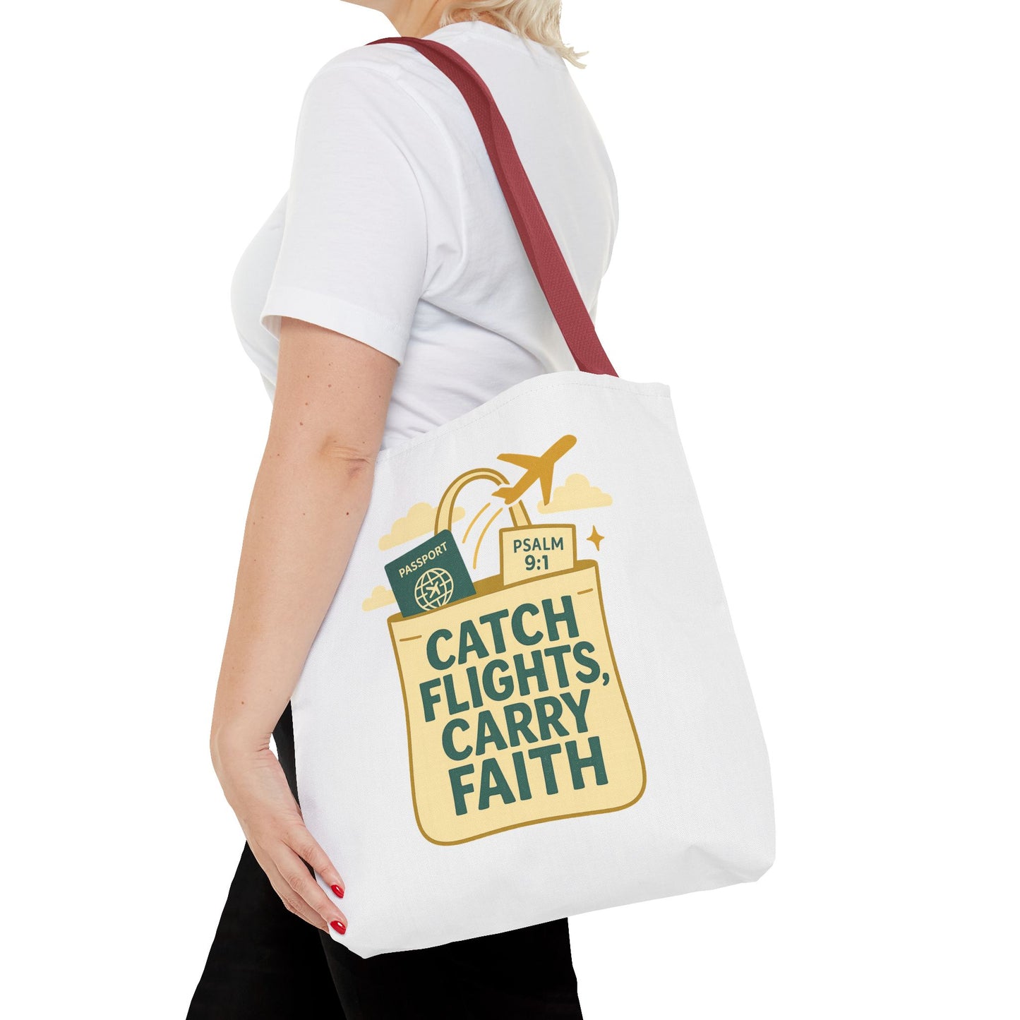 Catch Flights Carry Faith Tote Bag - Travel, Christian Gift, Airport Essentials, Carryall, Eco-Friendly Shopper