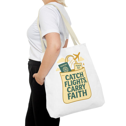 Catch Flights Carry Faith Tote Bag - Travel, Christian Gift, Airport Essentials, Carryall, Eco-Friendly Shopper