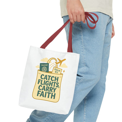 Catch Flights Carry Faith Tote Bag - Travel, Christian Gift, Airport Essentials, Carryall, Eco-Friendly Shopper