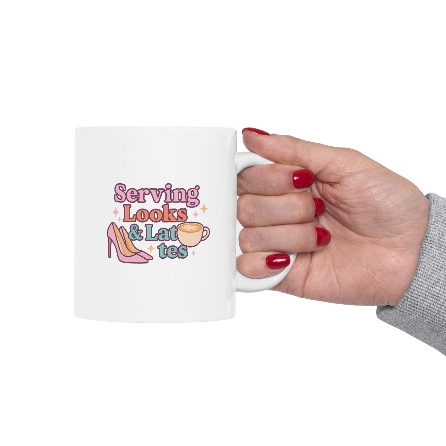 Serving Looks &amp; Lattes - Cute Illustrated Ceramic Mug, Perfect Gift for Coffee Lovers, Funny Tea Mug, Daily Motivation Cup, Unique Kitchen Decor