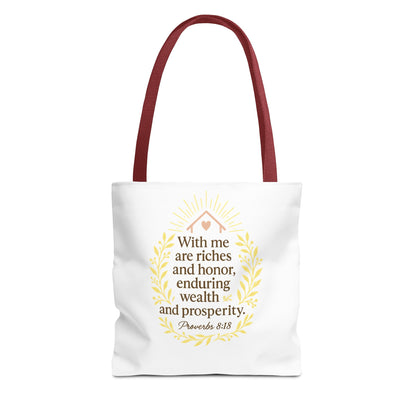 Inspirational Tote Bag - Proverbs 8:18 Quote, Bible Verse Carrier, Eco-Friendly Shopping Bag, Faith-Based Gift, Motivational Decor