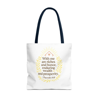 Inspirational Tote Bag - Proverbs 8:18 Quote, Bible Verse Carrier, Eco-Friendly Shopping Bag, Faith-Based Gift, Motivational Decor