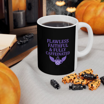 Flawless Faithful &amp; Fully Caffeinated Mystical Black Ceramic Mug, Perfect for Coffee Lovers, Halloween, Witchcraft Gifts, Gift for Her, Customizable Drinkware