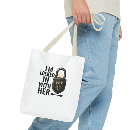 Locked In With Her Tote Bag, Funny Gift for Couples, Personalized Shopping Tote, Everyday Carryall, Unique Friendship Present