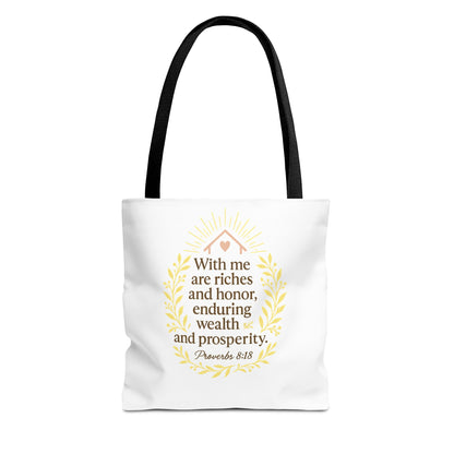 Inspirational Tote Bag - Proverbs 8:18 Quote, Bible Verse Carrier, Eco-Friendly Shopping Bag, Faith-Based Gift, Motivational Decor