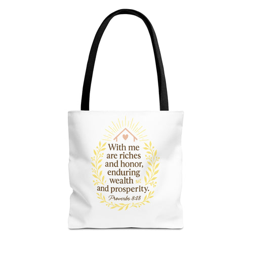 Inspirational Tote Bag - Proverbs 8:18 Quote, Bible Verse Carrier, Eco-Friendly Shopping Bag, Faith-Based Gift, Motivational Decor