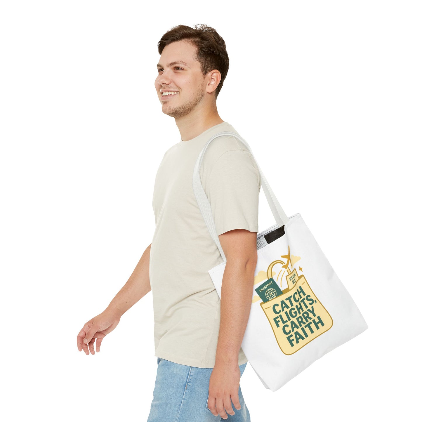 Catch Flights Carry Faith Tote Bag - Travel, Christian Gift, Airport Essentials, Carryall, Eco-Friendly Shopper