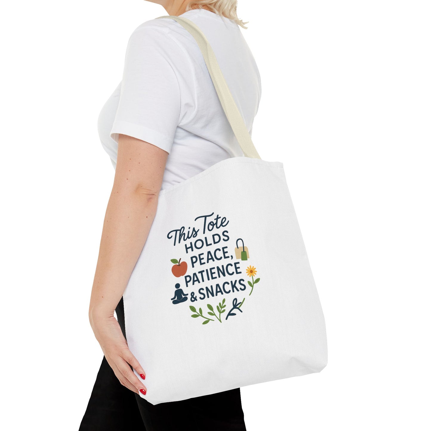 Peace, Patience & Snacks Tote Bag | Eco-Friendly Shopper, Gift for Friends, Beach Tote, Daily Carryall, Motivational Bag