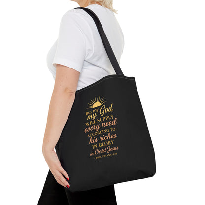 Faith-Inspired Tote Bag: 'God Will Supply Every Need', Christian Gift, AOP Bag for Church, Casual Outings, Inspirational Accessory