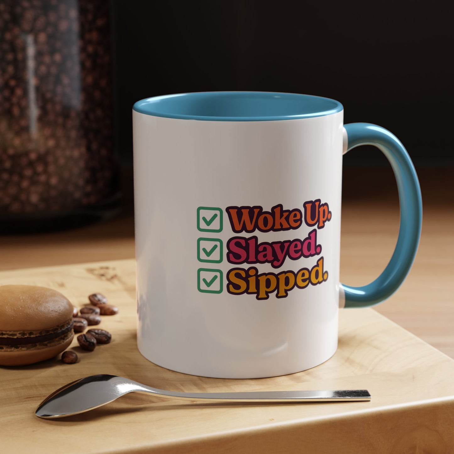 Colorful Motivational Coffee Mug, Woke Up Slayed Sipped, Inspirational Gift, Morning Motivation Cup, Funny Coffee Lover Mug