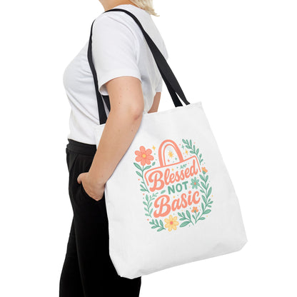 Blessed Not Basic Tote Bag, Inspirational Tote, Floral Design Bag, Gift for Her, Everyday Use, Eco-Friendly Shopping Bag