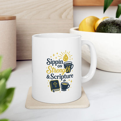 Sippin on Strength &amp; Scripture Coffee Mug - Coffee Lovers Gift, Beverages, Morning Routine, Tea, Birthday, Home Decor
