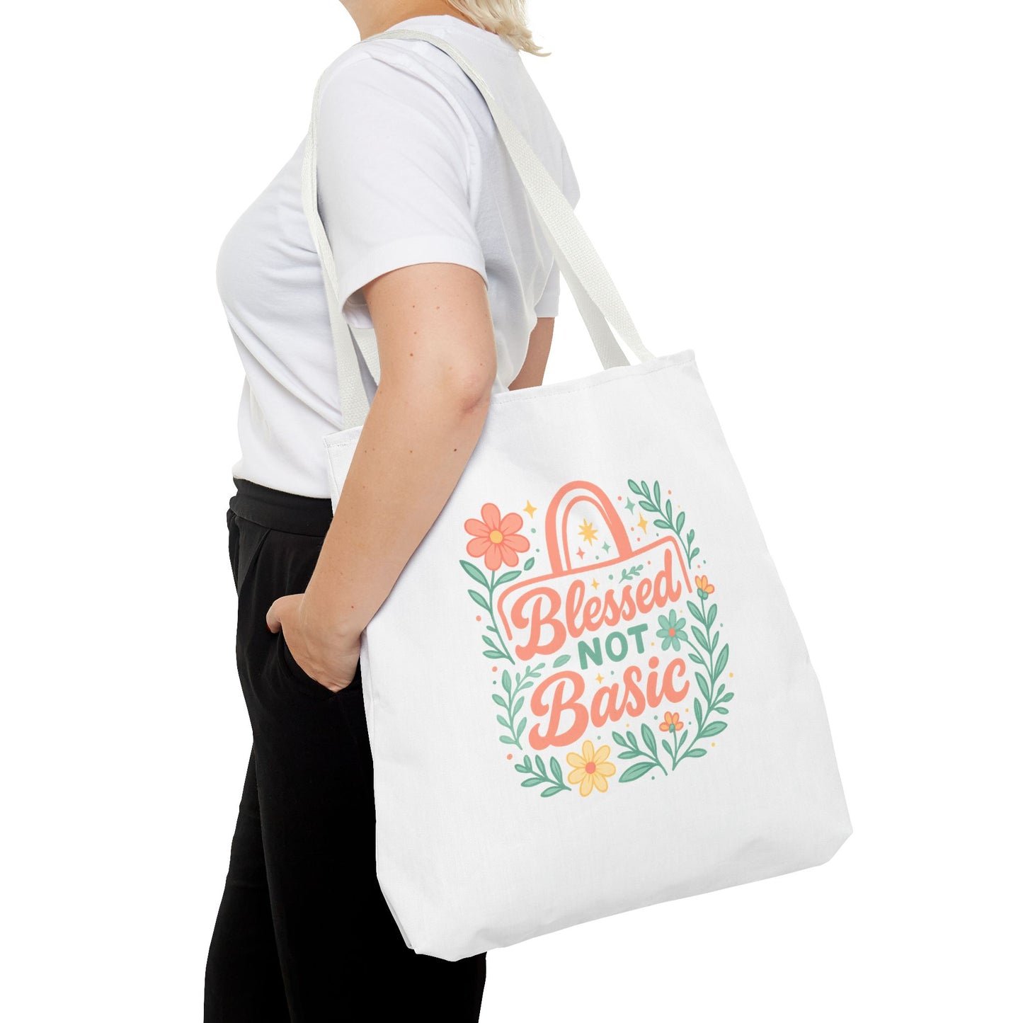 Blessed Not Basic Tote Bag, Inspirational Tote, Floral Design Bag, Gift for Her, Everyday Use, Eco-Friendly Shopping Bag