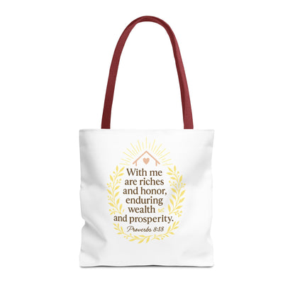 Inspirational Tote Bag - Proverbs 8:18 Quote, Bible Verse Carrier, Eco-Friendly Shopping Bag, Faith-Based Gift, Motivational Decor