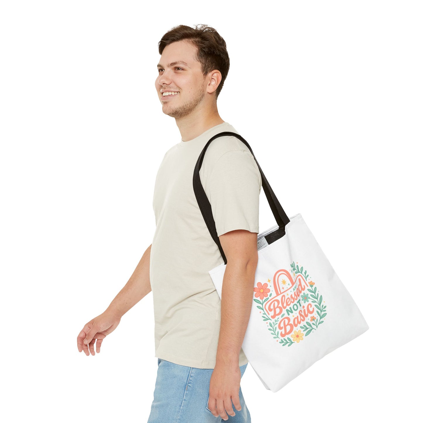 Blessed Not Basic Tote Bag, Inspirational Tote, Floral Design Bag, Gift for Her, Everyday Use, Eco-Friendly Shopping Bag