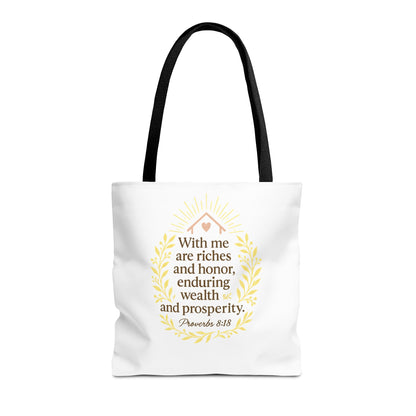 Inspirational Tote Bag - Proverbs 8:18 Quote, Bible Verse Carrier, Eco-Friendly Shopping Bag, Faith-Based Gift, Motivational Decor