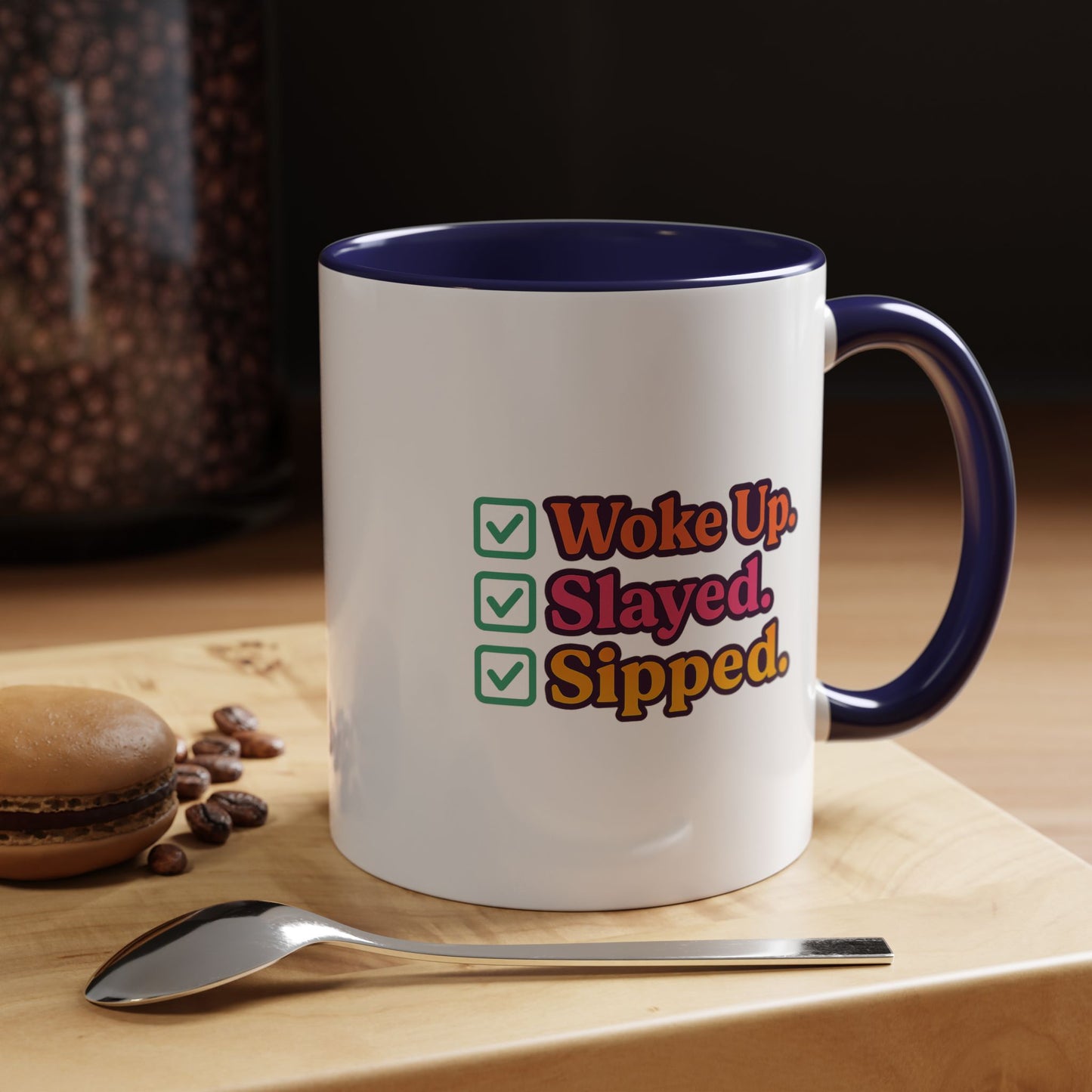 Colorful Motivational Coffee Mug, Woke Up Slayed Sipped, Inspirational Gift, Morning Motivation Cup, Funny Coffee Lover Mug