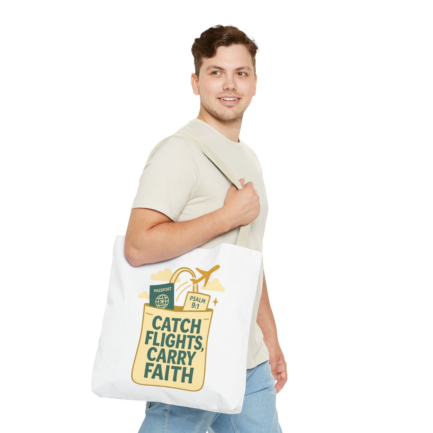 Catch Flights Carry Faith Tote Bag - Travel, Christian Gift, Airport Essentials, Carryall, Eco-Friendly Shopper