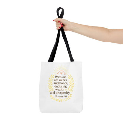 Inspirational Tote Bag - Proverbs 8:18 Quote, Bible Verse Carrier, Eco-Friendly Shopping Bag, Faith-Based Gift, Motivational Decor