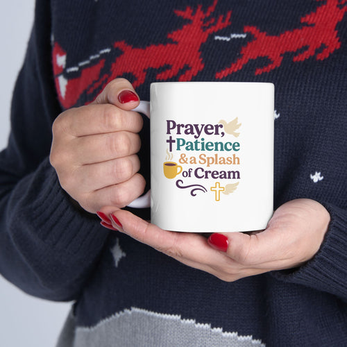 Prayer Patience &amp; Splash of Cream - Ceramic Mug - "Perfect Peace" Inspirational Coffee Mug for Relaxation, Gift for Self-Care, Cozy Home Decor, Sips of Joy, Mindfulness Mug