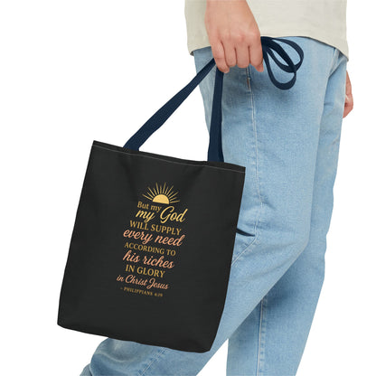 Faith-Inspired Tote Bag: 'God Will Supply Every Need', Christian Gift, AOP Bag for Church, Casual Outings, Inspirational Accessory