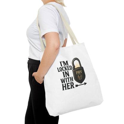 Locked In With Her Tote Bag, Funny Gift for Couples, Personalized Shopping Tote, Everyday Carryall, Unique Friendship Present
