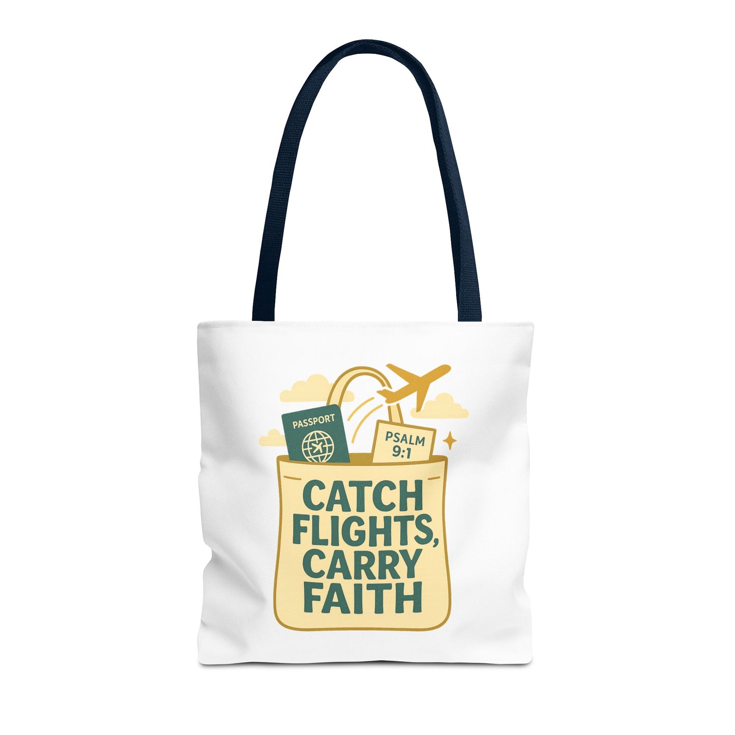 Catch Flights Carry Faith Tote Bag - Travel, Christian Gift, Airport Essentials, Carryall, Eco-Friendly Shopper
