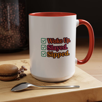 Colorful Motivational Coffee Mug, Woke Up Slayed Sipped, Inspirational Gift, Morning Motivation Cup, Funny Coffee Lover Mug